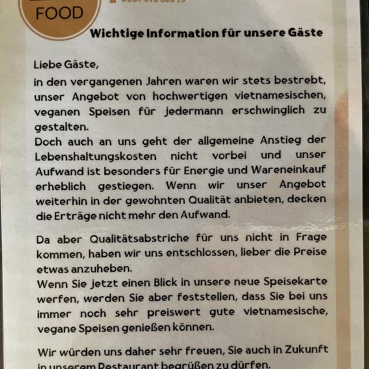 Aushang im Restaurant: Wichtige Information für unsere Gäste